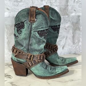 Colt Ford Teal Cowboy Boots, Distressed Leather, Harness Straps, Western Boho 7